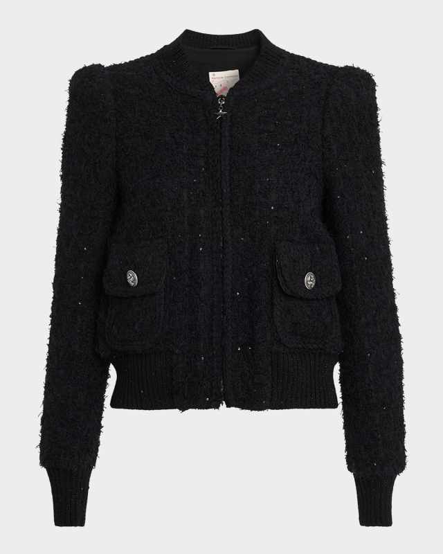 Paillette Tweed Bomber Jacket With Metallic Knit Back